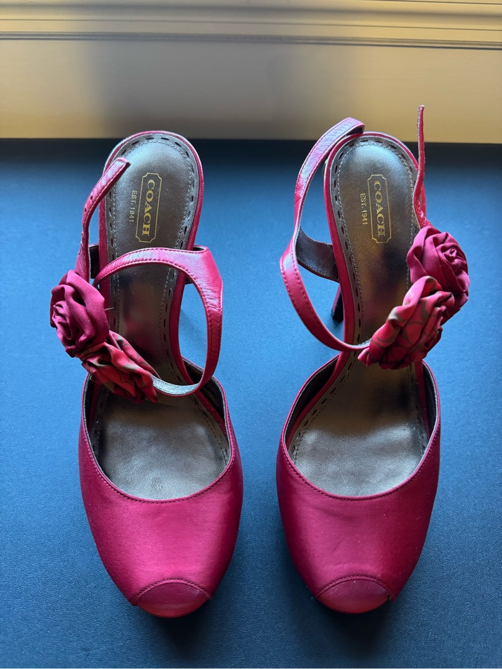 COACH Red Satin Peep-Toe Slingback Heels with Rosette